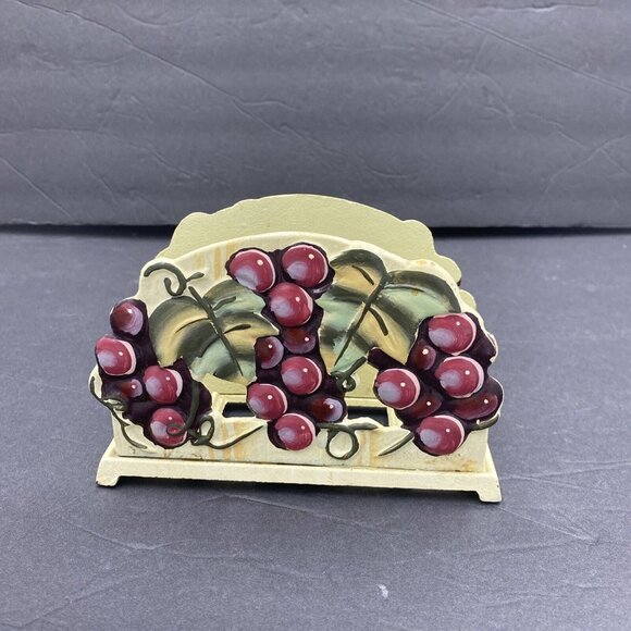 VTG Napkin Holder Cast‎ Iron Grapes Wine Y2K Grapevines Purple Green 1lb 12oz - Picture 1 of 12